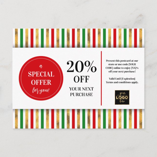 Christmas Red Green Gold Coupon Discount Postcard (Front)