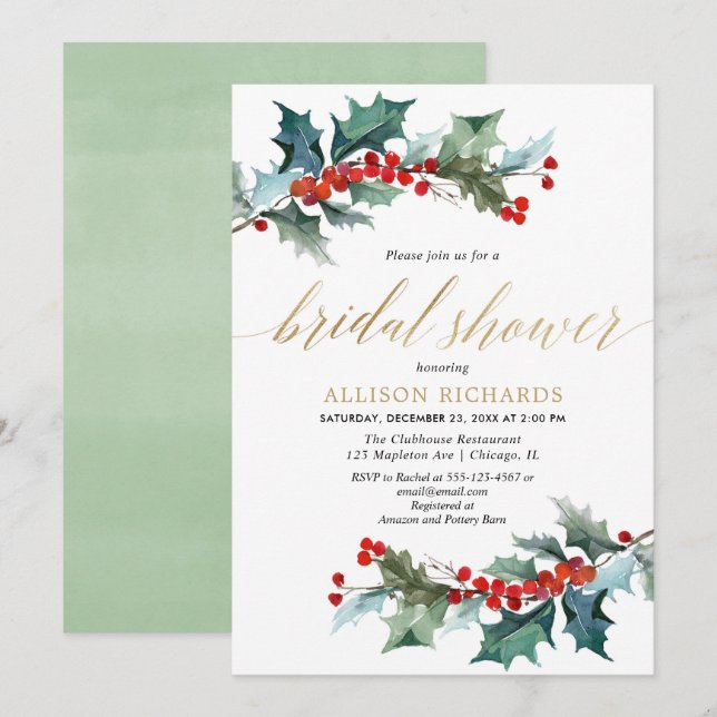 Christmas red green gold elegant bridal shower invitation (Front/Back)