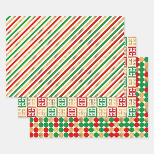 CHRISTMAS RED GREEN GOLD HOLIDAY PATTERNS WRAPPING PAPER SHEET (Set)