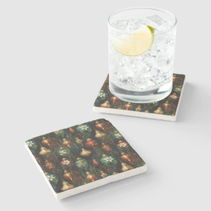 Christmas Red Green Gold Ornaments Stone Coaster