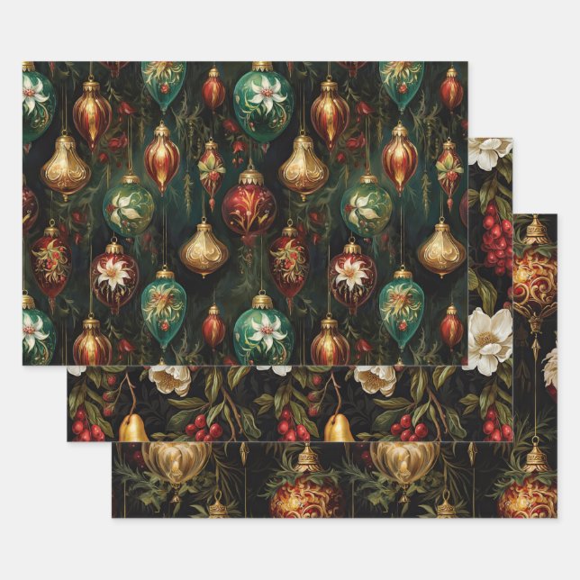 Christmas Red Green Gold Ornaments Wrapping Paper Sheet (Set)