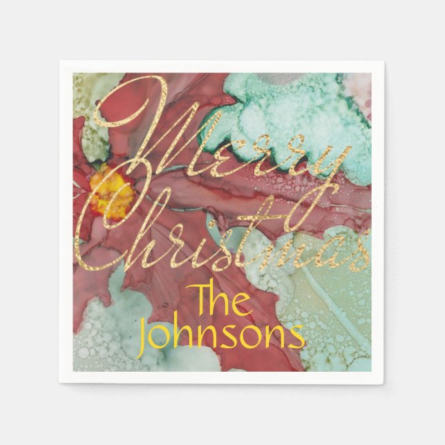 Christmas Red Green Gold Pointsettia Napkin (Front)