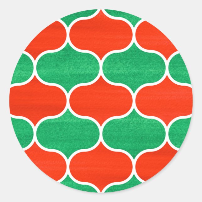 Christmas Red Green Interlocking Ogee Pattern Classic Round Sticker (Front)