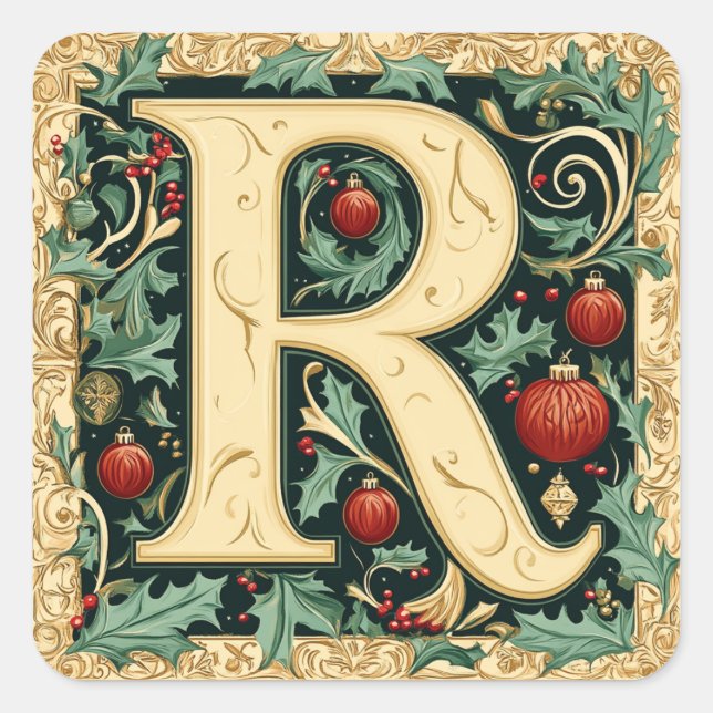 Christmas Red & Green Letter R: Festive Elegance Square Sticker (Front)