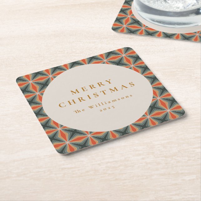 Christmas Red Green Mid Century Stars Custom Square Paper Coaster (Angled)