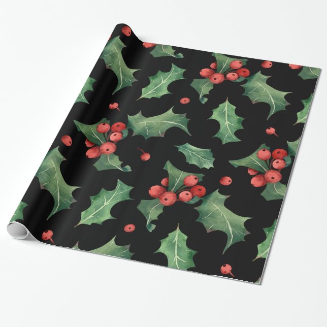 Christmas Red Green Mistletoe Black  Wrapping Paper (Unrolled)