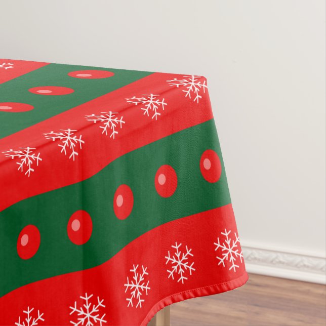 Christmas Red Green Ornaments Snowflakes Holiday Tablecloth (In Situ)