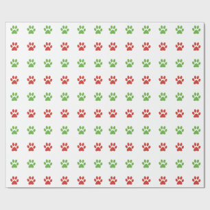 Christmas Red & Green Pet Paw Print Pattern Wrapping Paper