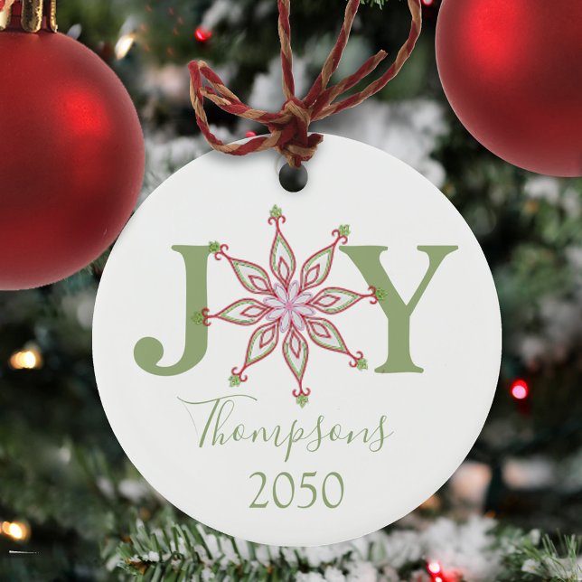 Christmas Red Green Photo Joy Typography Ceramic Tree Decoration (Christmas holiday Joy typography with a colorful pink, red, and green whimsical snowflake. )
