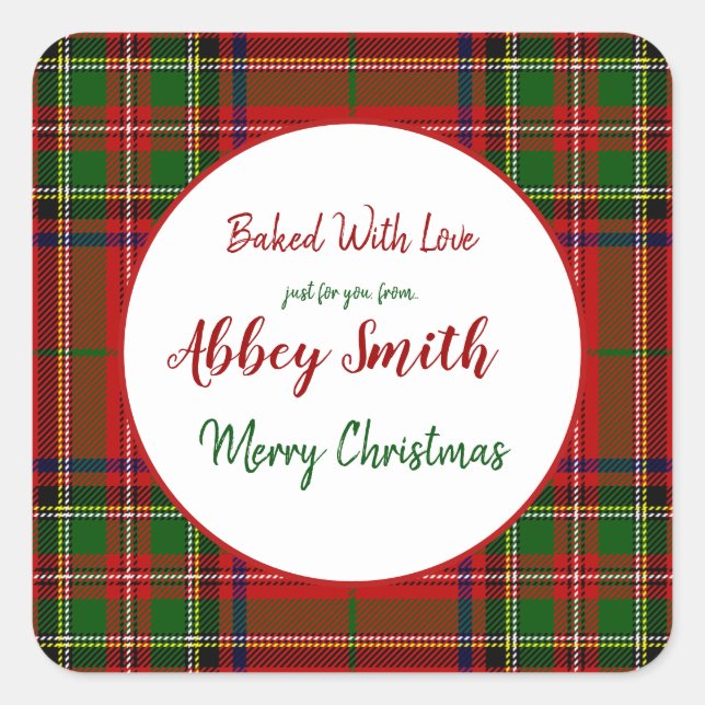 Christmas Red Green Plaid Custom Treats Square Sticker (Front)