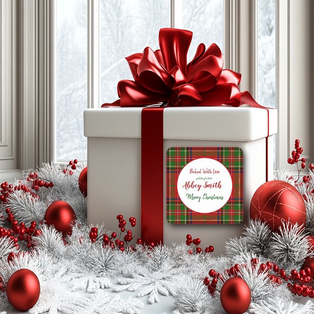 Christmas Red Green Plaid Custom Treats Square Sticker (Creator Uploaded)
