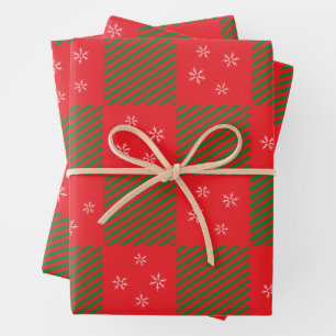 Christmas Red Green Plaid Pattern Snow Flakes Wrapping Paper Sheet