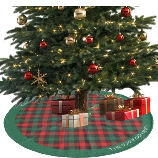 Christmas Red Green Plaid Personalise Fleece Tree Skirt (Green and red plaid with personalized name)