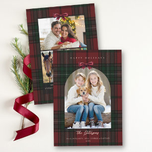 Christmas Red Green Plaid Tartan Arch Bow Photo Holiday Card