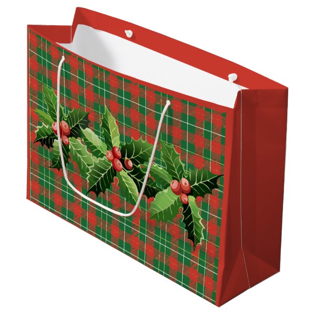 Christmas Red Green Plaid With Wreath Large Gift Bag (Front Angled)