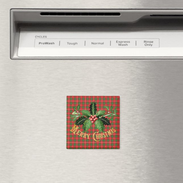 Christmas Red Green Plaid with Wreath Magnet (In Situ (Dishwasher))