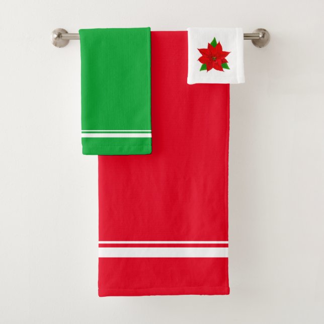 Christmas red, green & poinsettia flower on white bath towel set (Insitu)