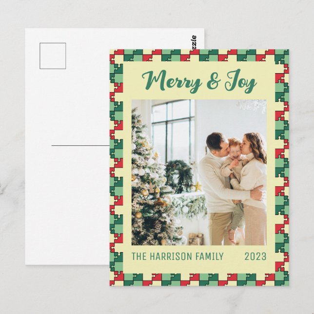 Christmas Red Green Puzzle Merry & Joy Photo Postcard (Front/Back)