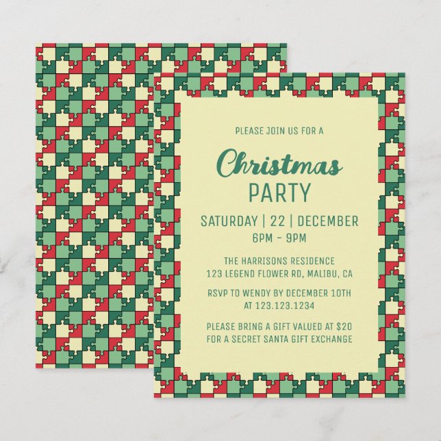Christmas Red Green Puzzle Piece Geometric Invitation (Front/Back)