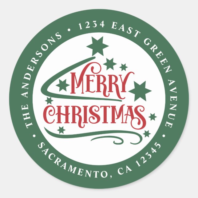 Christmas Red & Green Return Address Classic Round Sticker (Front)