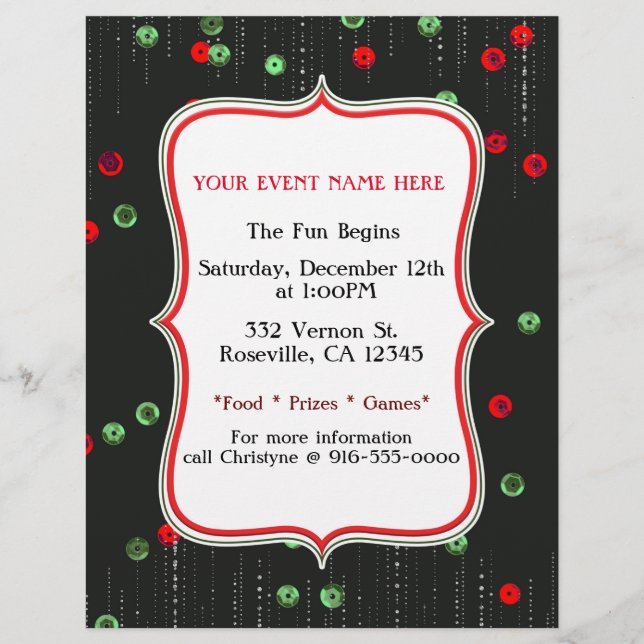 Christmas Red & Green Sequins Holiday Party Flyer (Front)