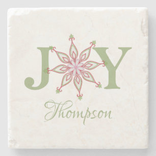 Christmas Red Green Snowflake Whimsical Joy Stone Coaster