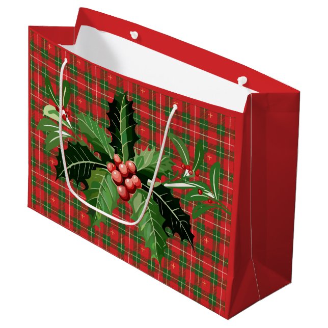 Christmas Red Green Stars Plaid with Wreath Large Gift Bag (Front Angled)