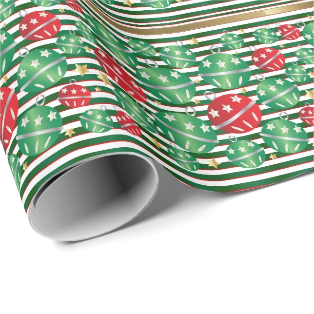 Christmas Red & Green Stripes & Ornaments Wrapping Paper (Roll Corner)