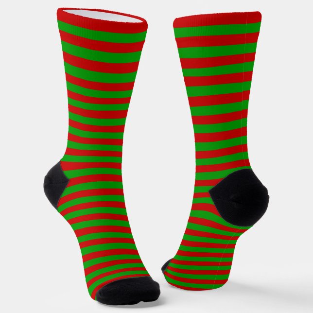 Christmas Red Green Stripes Pattern Elf Monogram Socks (Angled)