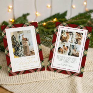 Christmas Red Green Tartan Plaid Family Photo Gold Foil Holiday Card