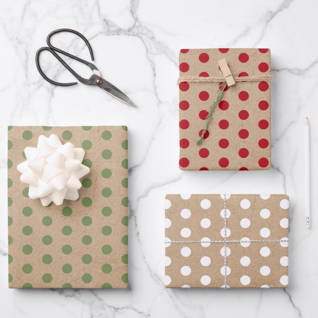 Christmas Red Green & White Kraft Polka Dots Wrapping Paper Sheet (Front)