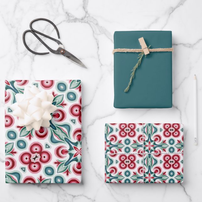 Christmas Red, Green & White Pattern Wrapping Paper Sheet (Front)