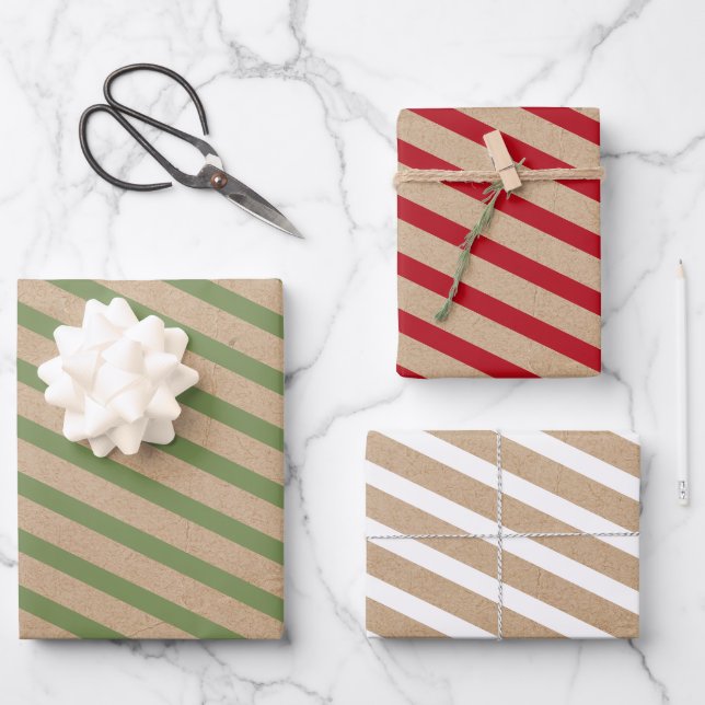 Christmas Red Green & White Stripes Rustic Kraft Wrapping Paper Sheet (Front)