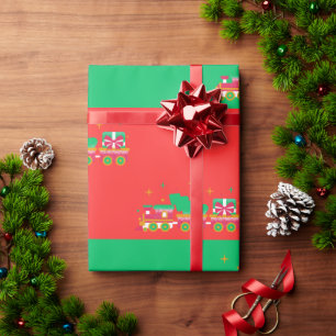 Christmas RED & GREEN With Trains. Santa Wrapping Paper
