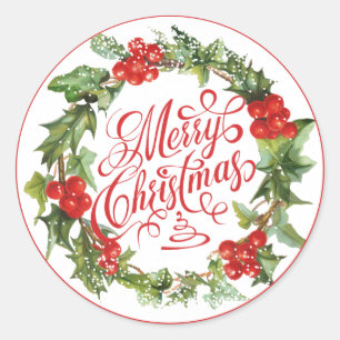 Christmas Red Green Wreath Holly Ivy Typography Classic Round Sticker