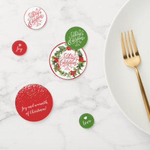 Christmas Red Green Wreath Holly Ivy Typography Confetti