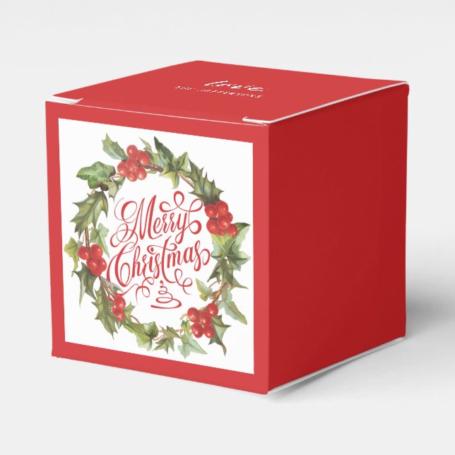 Christmas Red Green Wreath Holly Ivy Typography Favour Box (Front Side)