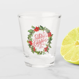 Christmas Red Green Wreath Holly Ivy Typography Shot Glass