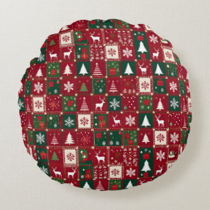 Christmas Red Grid Festive Holiday Pattern 🎄❤️✨ Round Cushion
