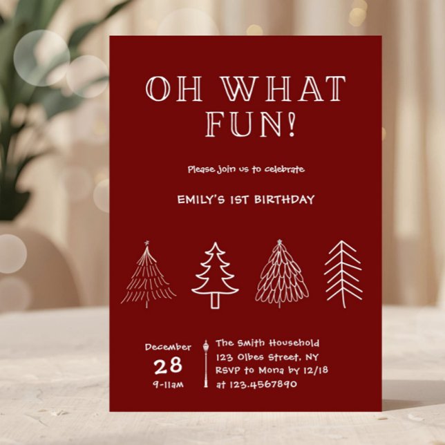 Christmas Red Hand Drawn Birthday Invitation (girls december birthday party, red oh what fun invitation, what fun 1st birthday invitation, modern,)