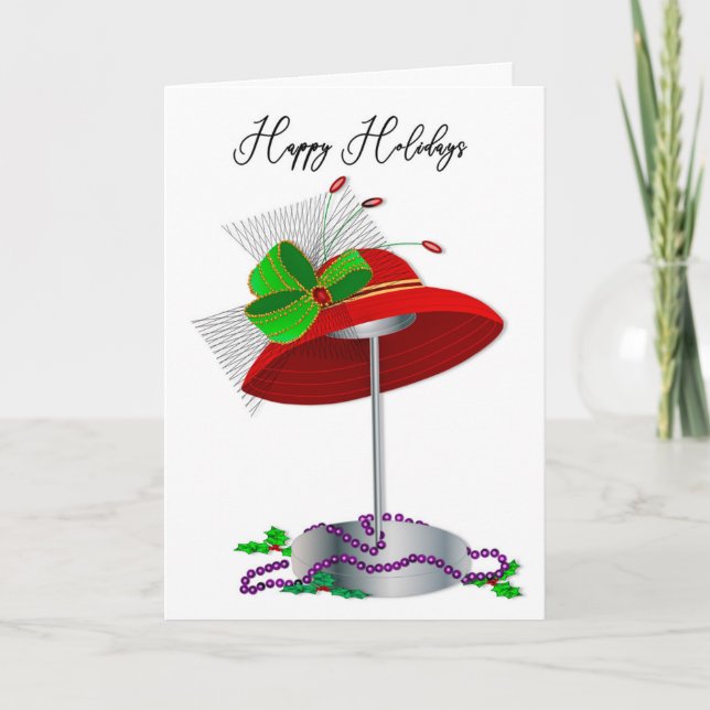 Christmas Red Hat Ladies Hat Stand Purple Beads Holiday Card (Front)