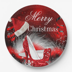 Christmas Red High Heel holiday Party Santa hat Paper Plate