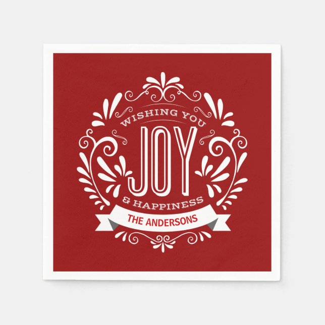 CHRISTMAS RED HOLIDAY JOY CHALKBOARD PERSONALIZED NAPKIN (Front)
