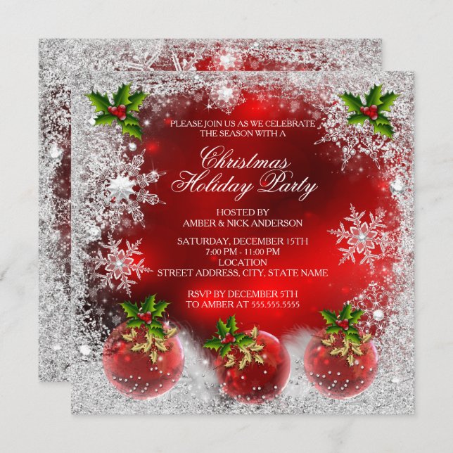 Christmas Red Holly Bauble Holiday Party Snowflake Invitation (Front/Back)