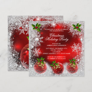 Christmas Red Holly Bauble Holiday Party Snowflake Invitation
