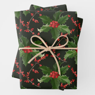 Christmas Red Holly Berry and Green Leaves Wrapping Paper Sheet