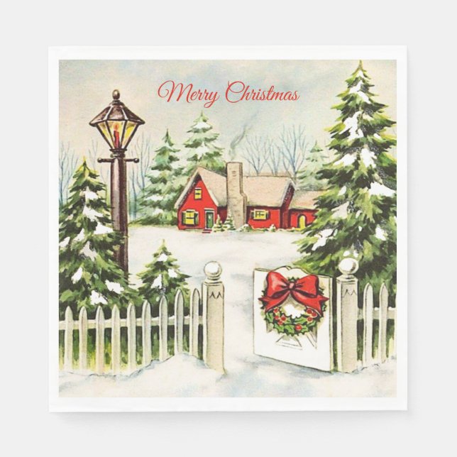  Christmas Red House Lantern Pine Trees Paper  Napkin (Front)