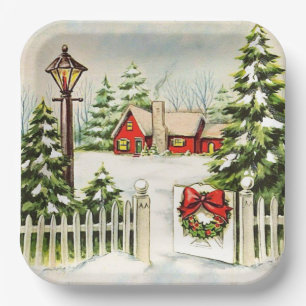  Christmas Red House Lantern Pine Trees  Paper Plate