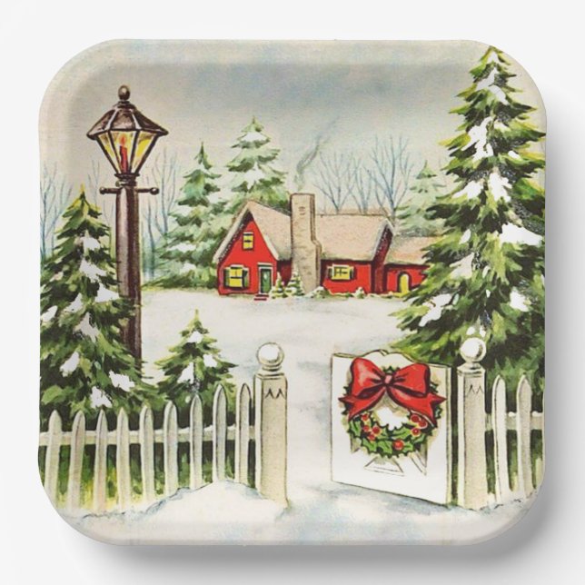  Christmas Red House Lantern Pine Trees  Paper Plate (Front)