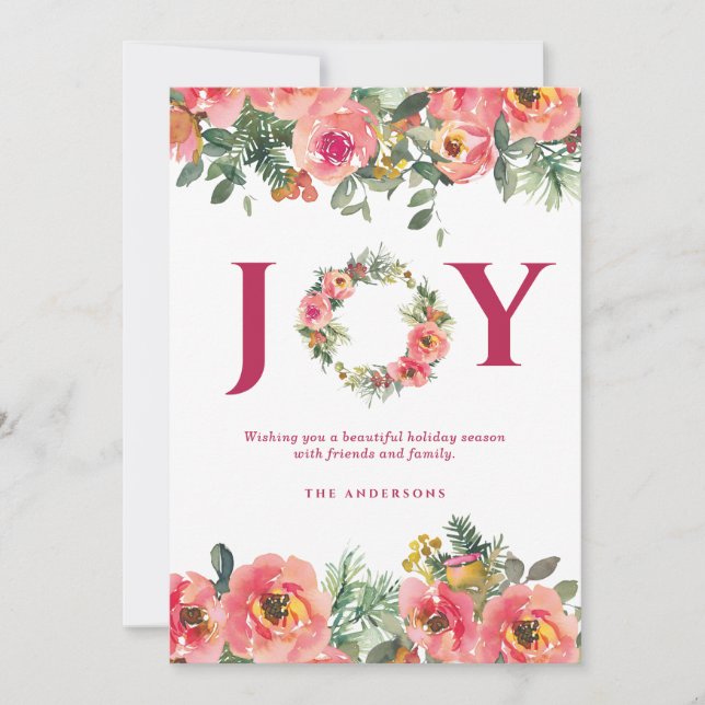 Christmas Red Joy Floral Wreath Botanical  Holiday Card (Front)